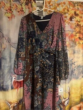 Thalia Sodi Mixed Floral Paisley Long Sleeve Dress - Pink, Navy & Brown
